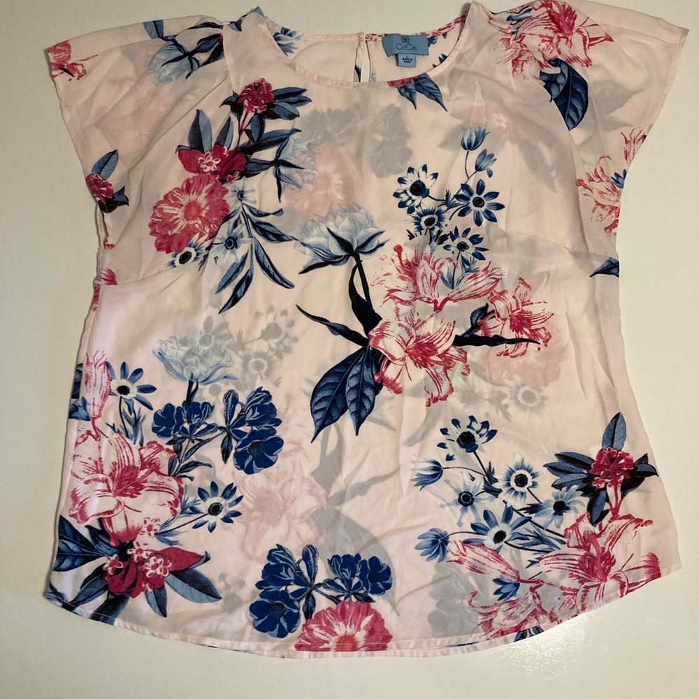 CeCe Pink and Blue Floral Top semi sheer size L